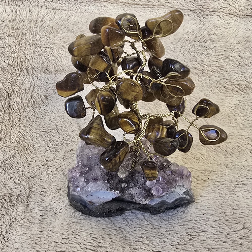 Tiger's Eye Gemstone Tree with Amethyst Base 4 Inches
